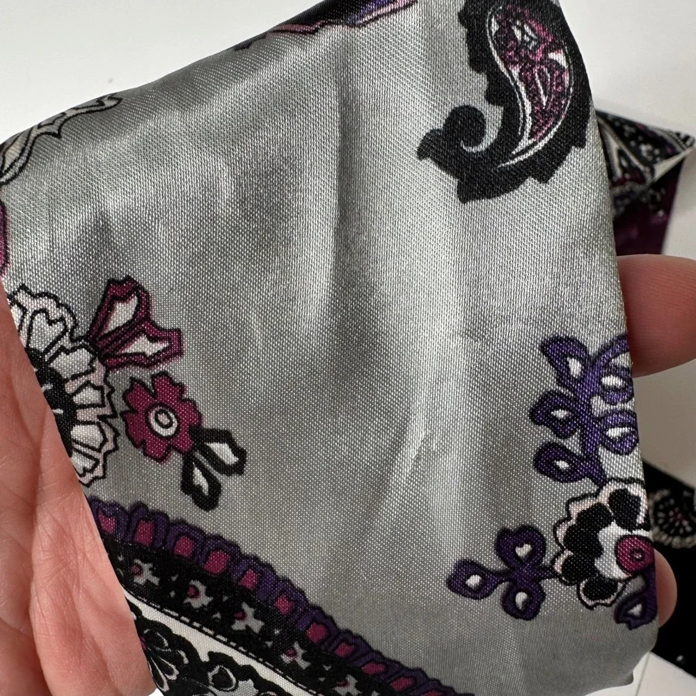 Womens‎ Skinny Scarf Paisley Floral Black Silver Purple Satin Necktie Purse Hair
